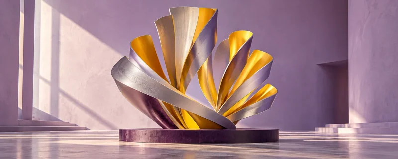 AI-generated saffron and silver ribbon sculpture in a sunlit lavender gallery