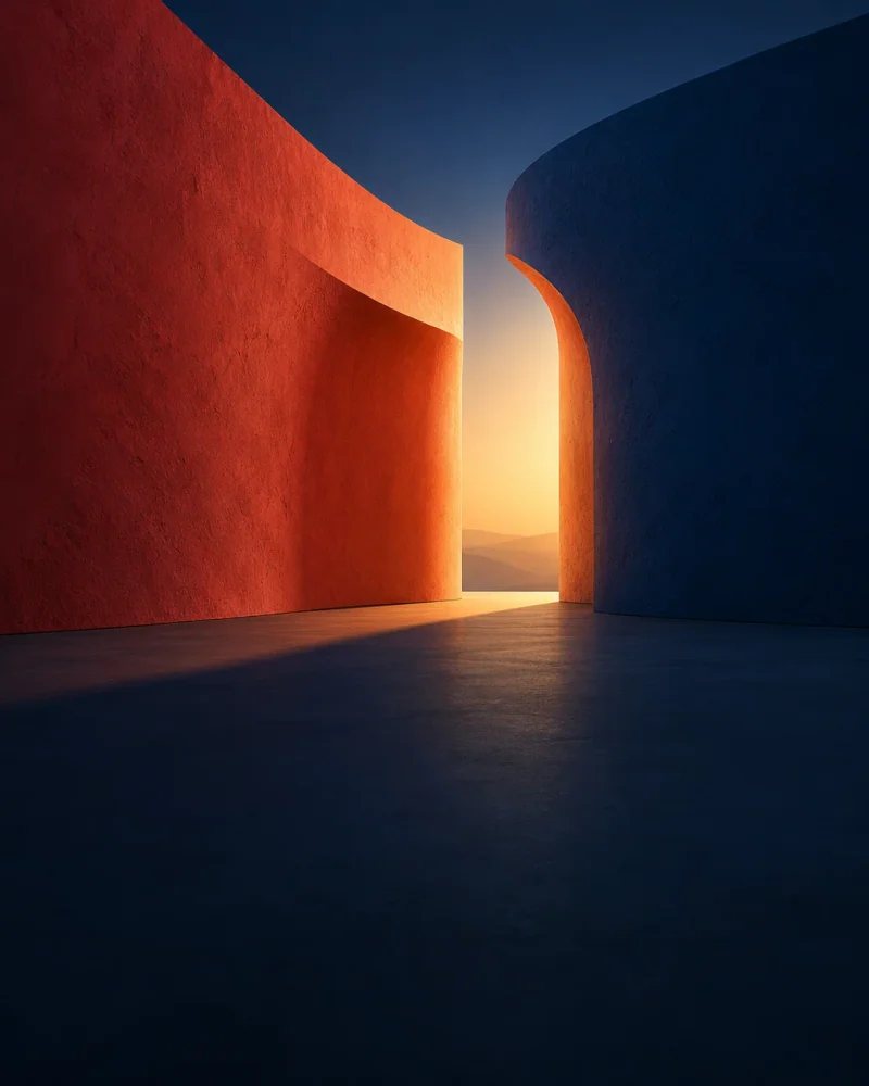 AI-generated coral and cobalt architectural passage illuminated by warm sunlight