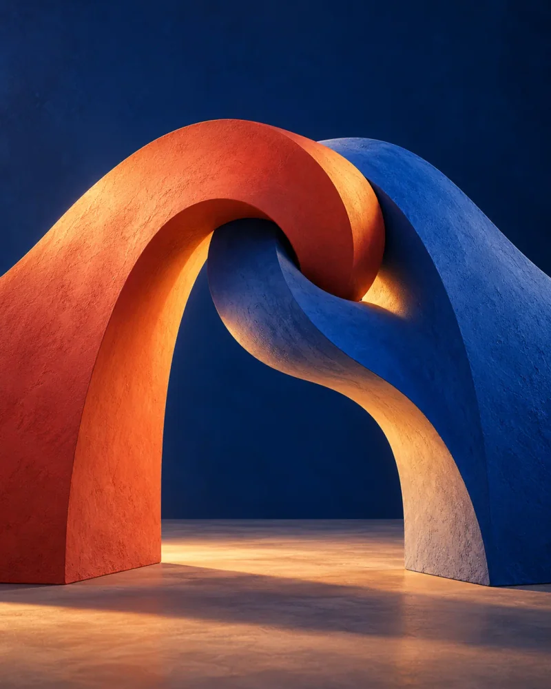 AI-generated interlocking coral and cobalt arches symbolising a creative partnership