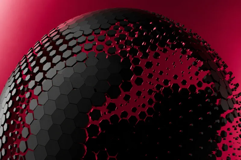 Black hexagonal sphere opening against a crimson background