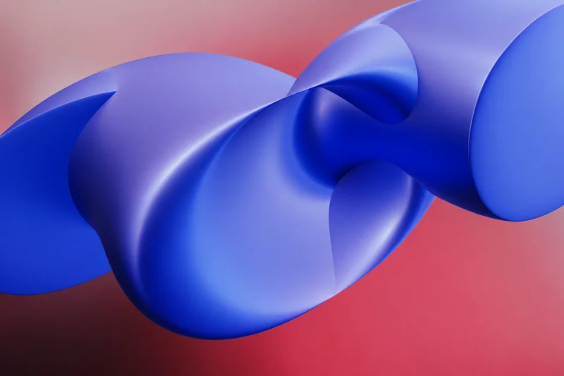 Sculptural blue ribbon twisting across a rose background