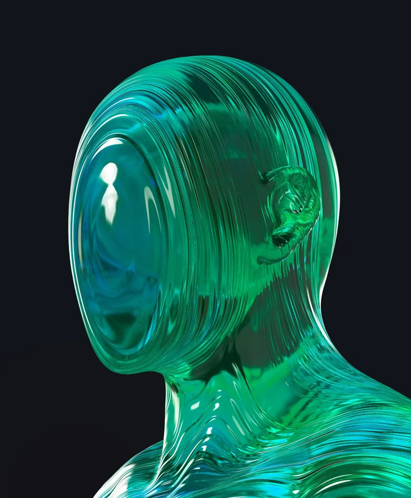 Emerald glass sculptural portrait on a dark background